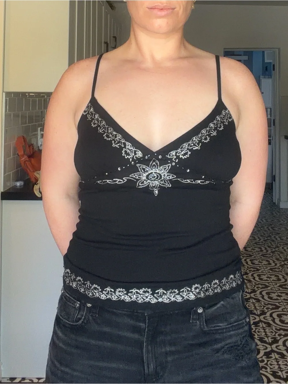 Vintage Y2K Black Linen Tank with Silver beaded and embroidered medallion design - Picture 11 of 14